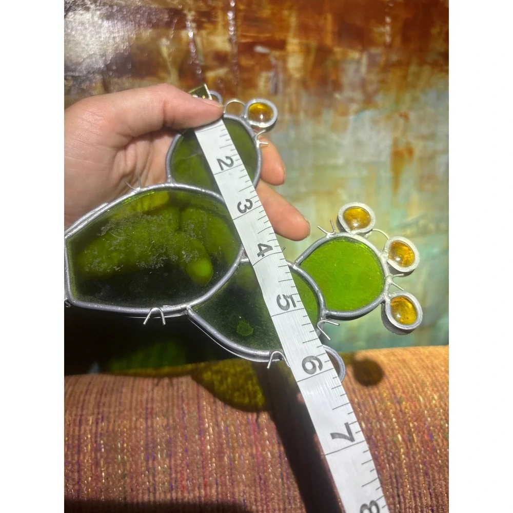 Handmade Stained Glass Prickly Pear Cactus Suncatcher Green Amber 5.5in